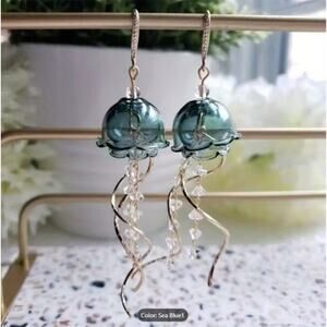 Sea Blue1 Jellyfish Glass Earrings – Coastal Elegance with Crystal Beads